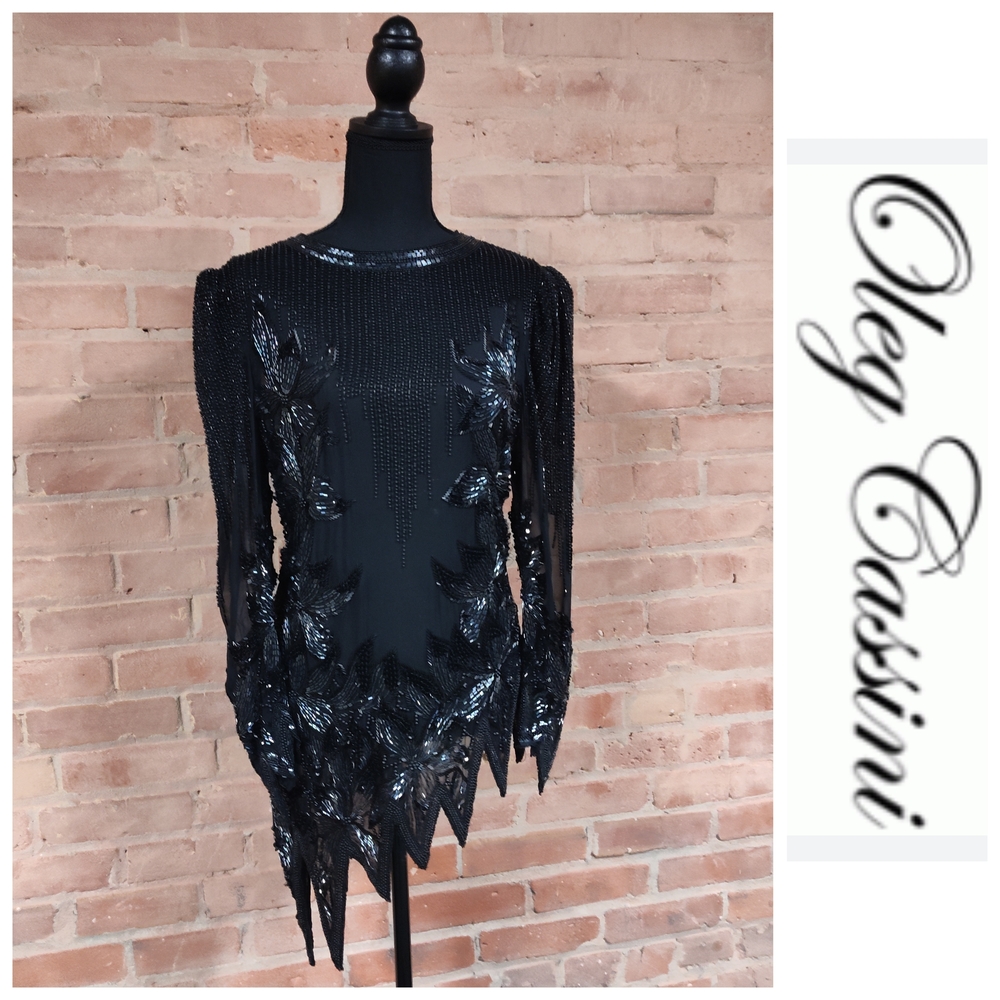 Oleg Cassini | Black Beaded Leaf-Applique Dress Long-Sleeve Top